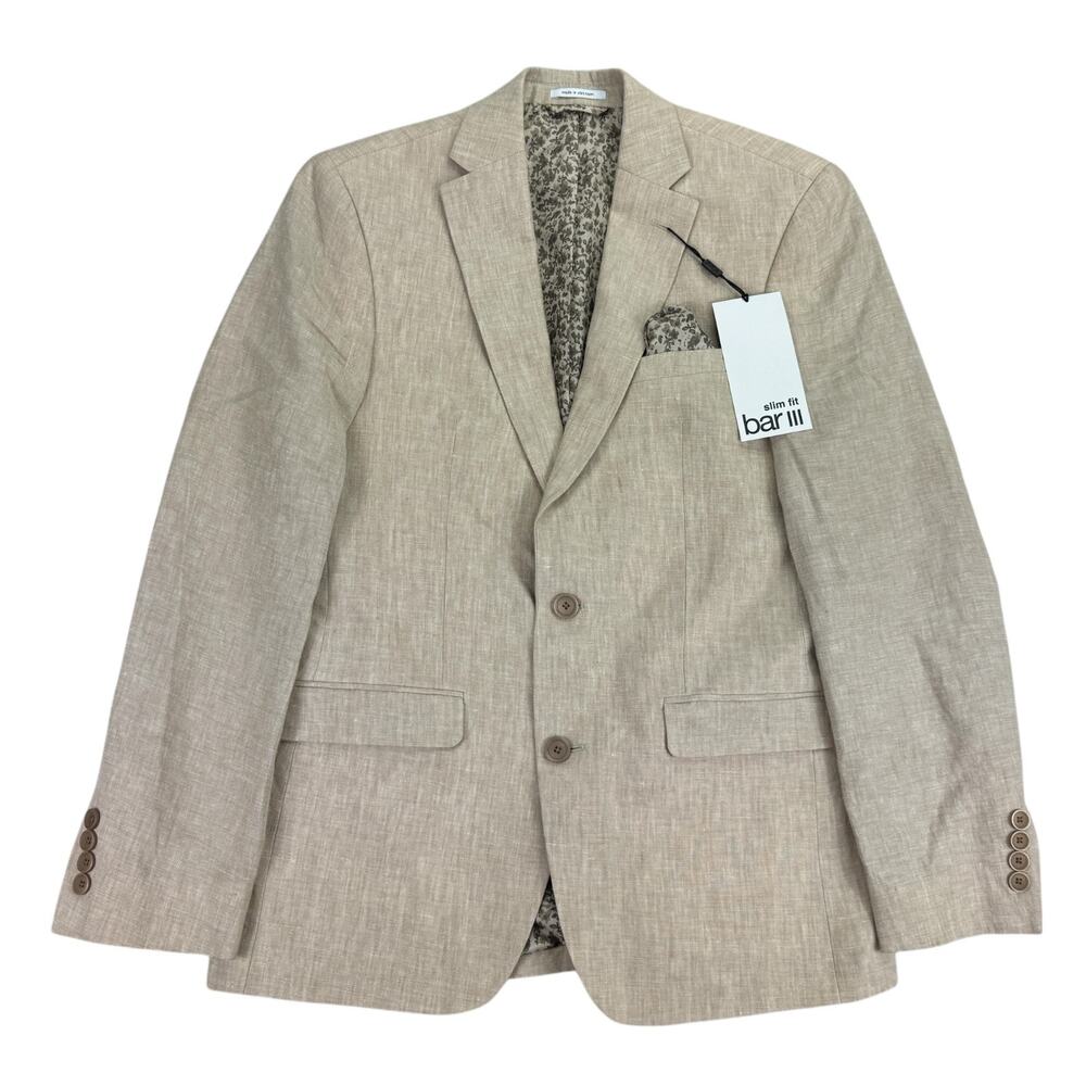 Bar III Mens Slim Fit 100% Linen Solid Suit Jacket Tan 36R